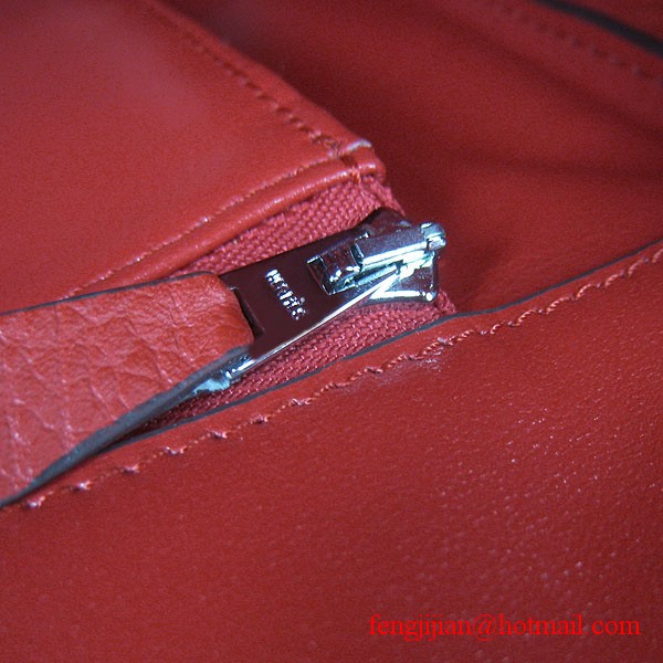 Hermes 35cm Embossed Veins Leather Bag Red 6089 Silver Hardware